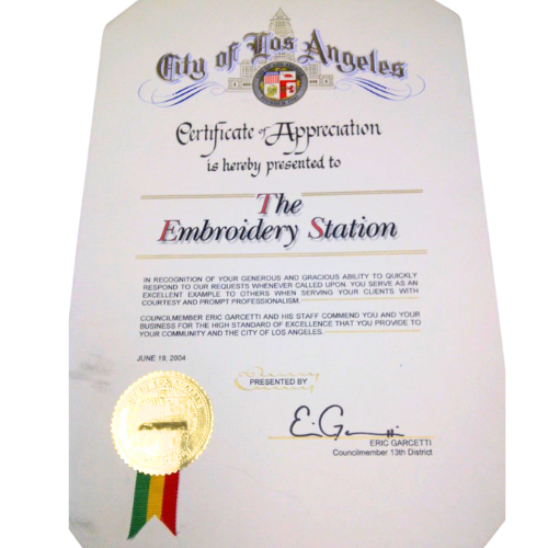 City of Los Angeles Certificate of Appreciation awarded to The Embroidery Station — signed by Councilmember Eric Garcetti, June 19 2004